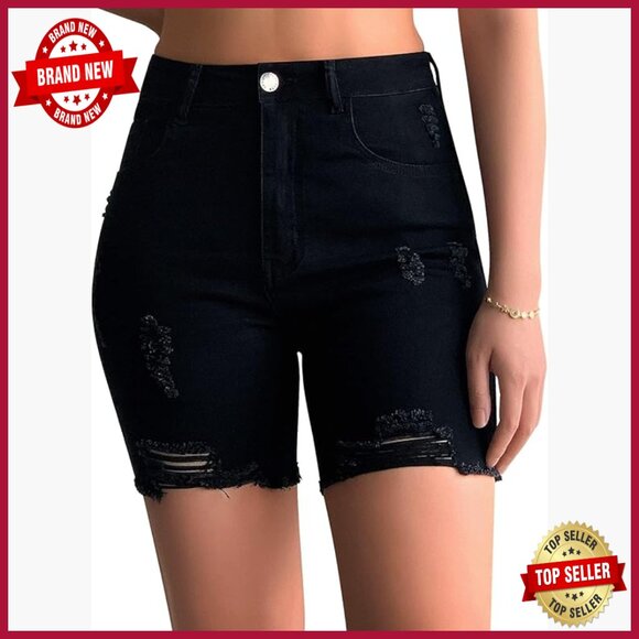 High Waisted Ripped Denim Shorts Stretch Distressed Raw Hem Casual Summer